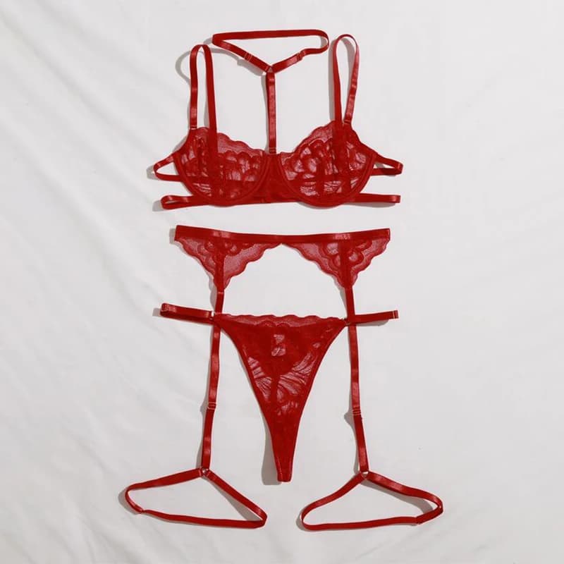 Set di Lingerie Sexy da Donna, Completo Intimo in Pizzo Floreale, Reggiseno e Perizoma in Rete Traforata, Set di Tre Pezzi