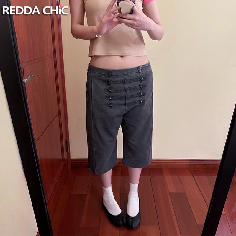 ReddaChic Napoleon Capri Jeans Woman Vintage Gray Do Old Low Rise Wide Leg Straight Cargo Bermuda Denim Shorts Trendy Streetwear