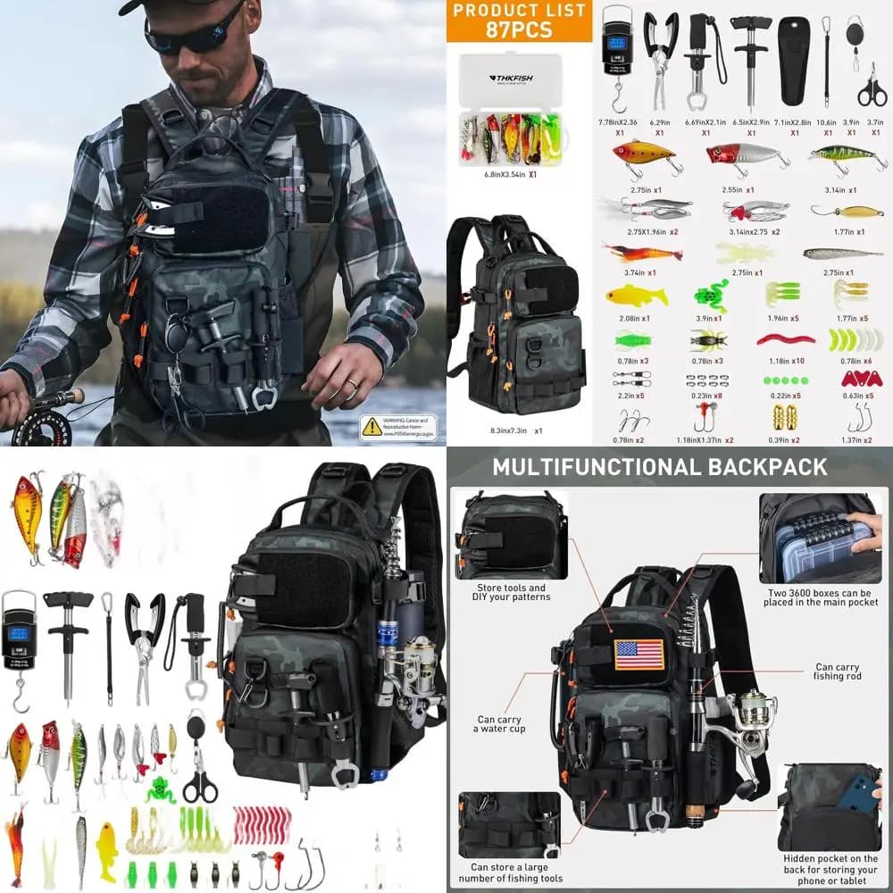 Mimetic Fishing Backpack with Candle, Kit Tools, Waterproof Bag for baits, Tool Box and Grips Set for Men and Women (87 pieces)
