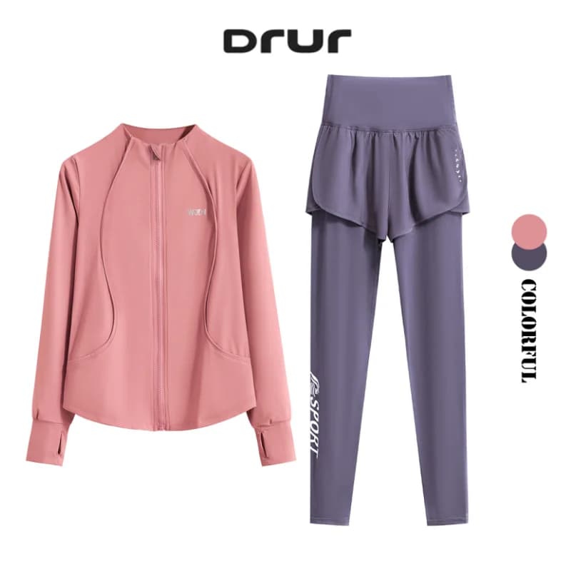 DRUR M-4XL Yoga Outfits 2 Piece Workout Sets Full Zip Sweatshirt with Pants Women Tracksuit Active Wear Autumn Winter Sportswear