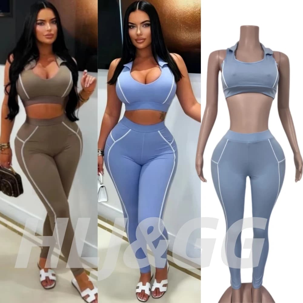 HLJ&GG Fashion Sporty Line Print Two Piece Sets Women Lapel Sleeveless Tank Top And Skinny Pants Outfits Casual 2pcs Tracksuits