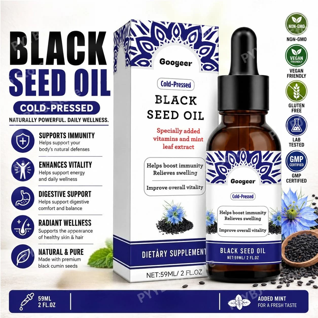 Olio di semi neri spremuto a freddo in gocce con vitamine ed estratto di foglie di menta, integratore quotidiano per il benessere, il supporto immunitario e la vitalità, 59 ml