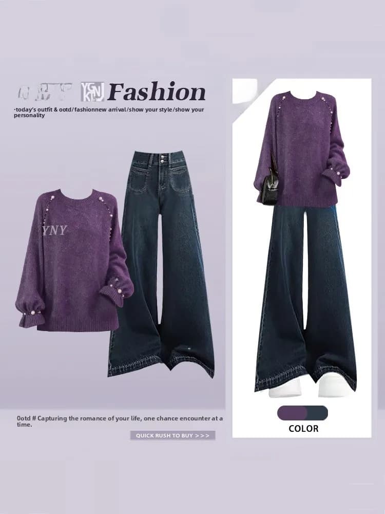 Unique Beautiful Design Beaded round Ne Purple Knitted Sweater Loose Flared Jeans Winter Two Piece Set Women's Faion Ense...