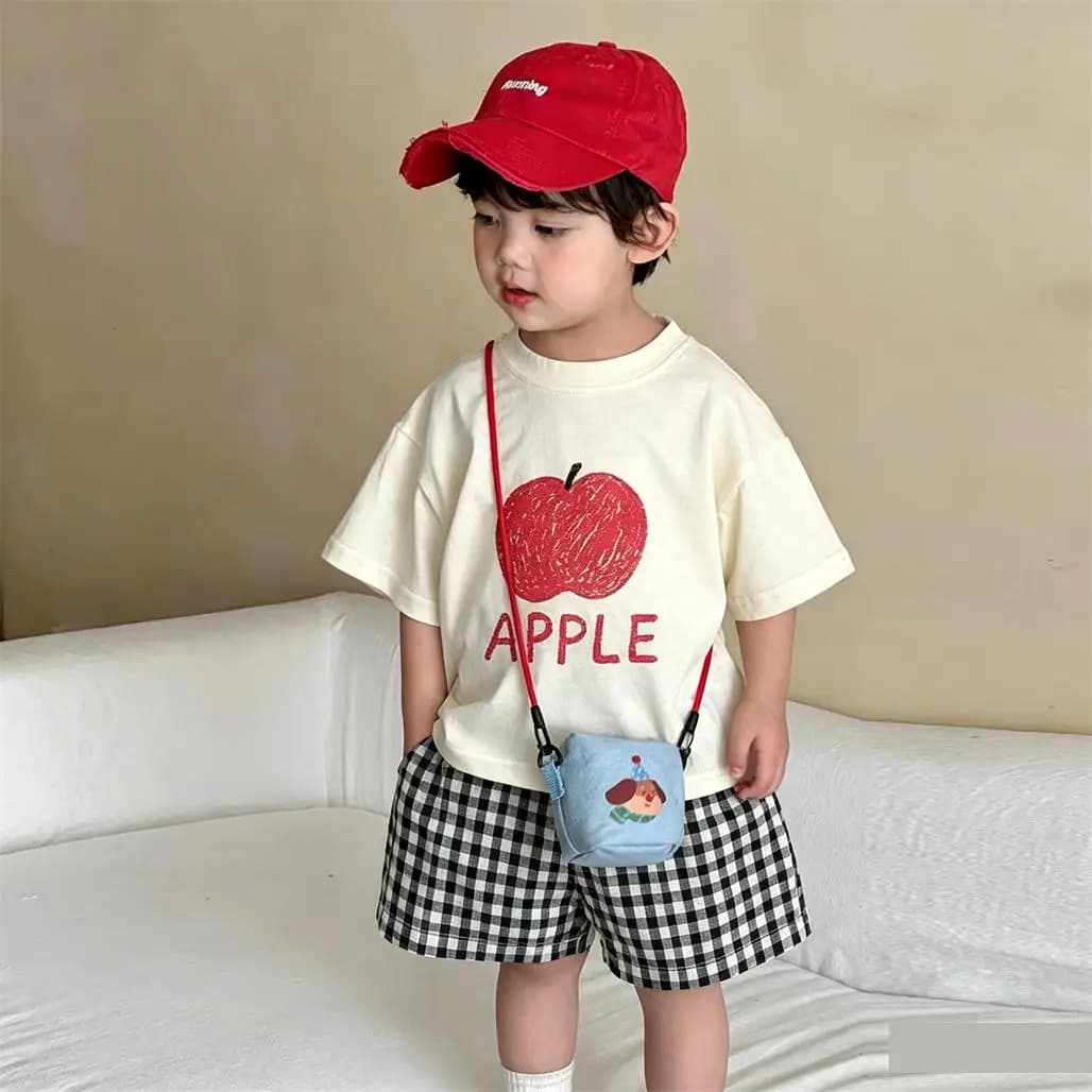 Fruit Tshirt Plaid Shorts 2Piece Set Boys Girls Summer Costume Printed Tees Loose All-match Shorts Children's Cute Tops Outfits