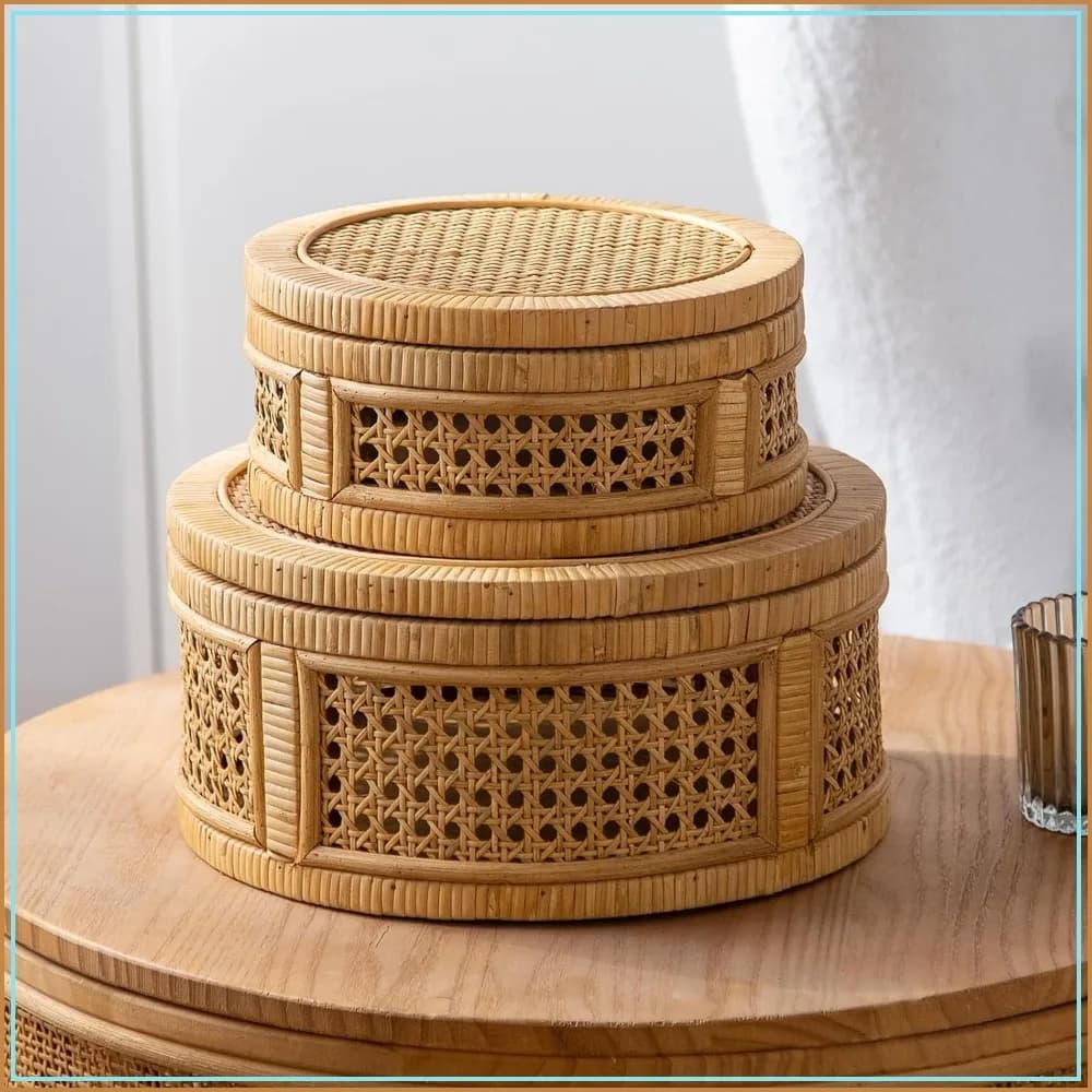 Set of 2 Round Woven Storage Bins with Lids, Natural Rattan Decorative Boxes for Farmhouse Home Decor