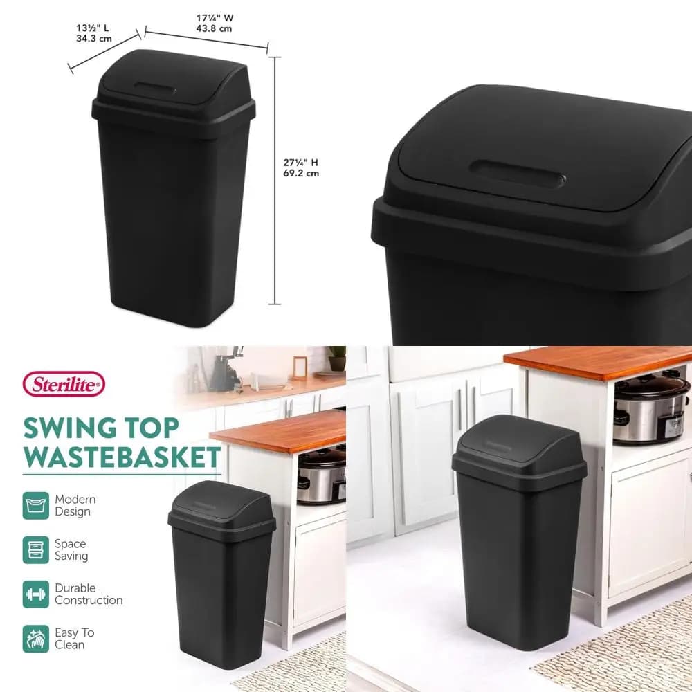 Cestino per Rifiuti Quadrato con Coperchio Basculante da 13 Galloni, Elegante Bidone Nero per Cucina, Bagno, Garage e Spazi di Lavoro