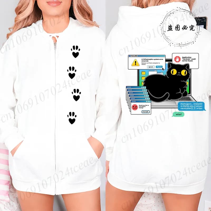 Laptop Cat Error Viny Felpe con cerniera Felpe da donna Felpe con cappuccio a maniche lunghe Abbigliamento femminile Capispalla con grafica Harajuku