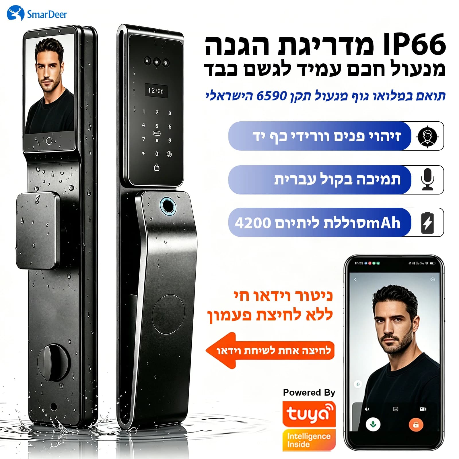 Serratura Intelligente Impermeabile IP66 SmarDeer, Serratura con Riconoscimento Facciale 3D e Impronta Digitale, Serratura Elettronica Tuya per Standard Israeliano