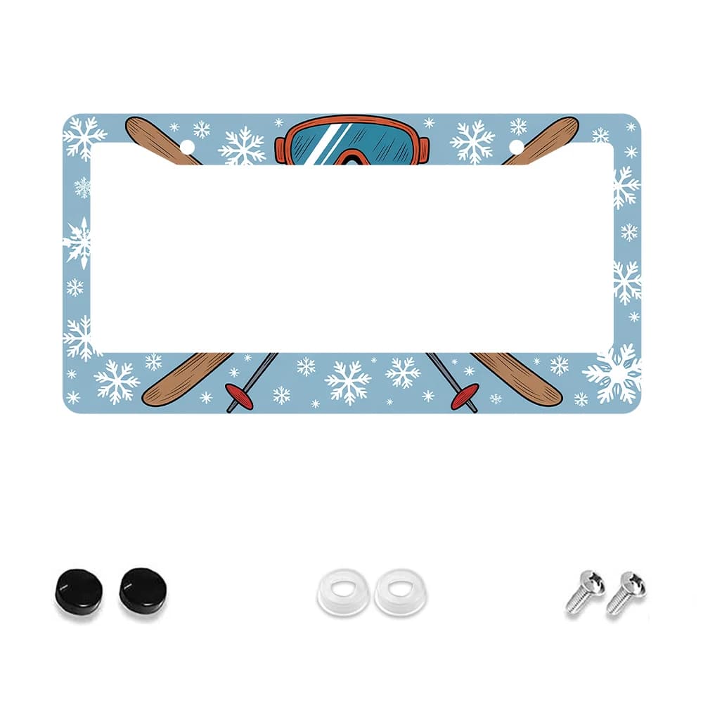 1 pezzo di occhiali da sci blu con motivo fiocco di neve, telaio targa a 2 fori, materiale in alluminio, 6x12 pollici, con kit di viti