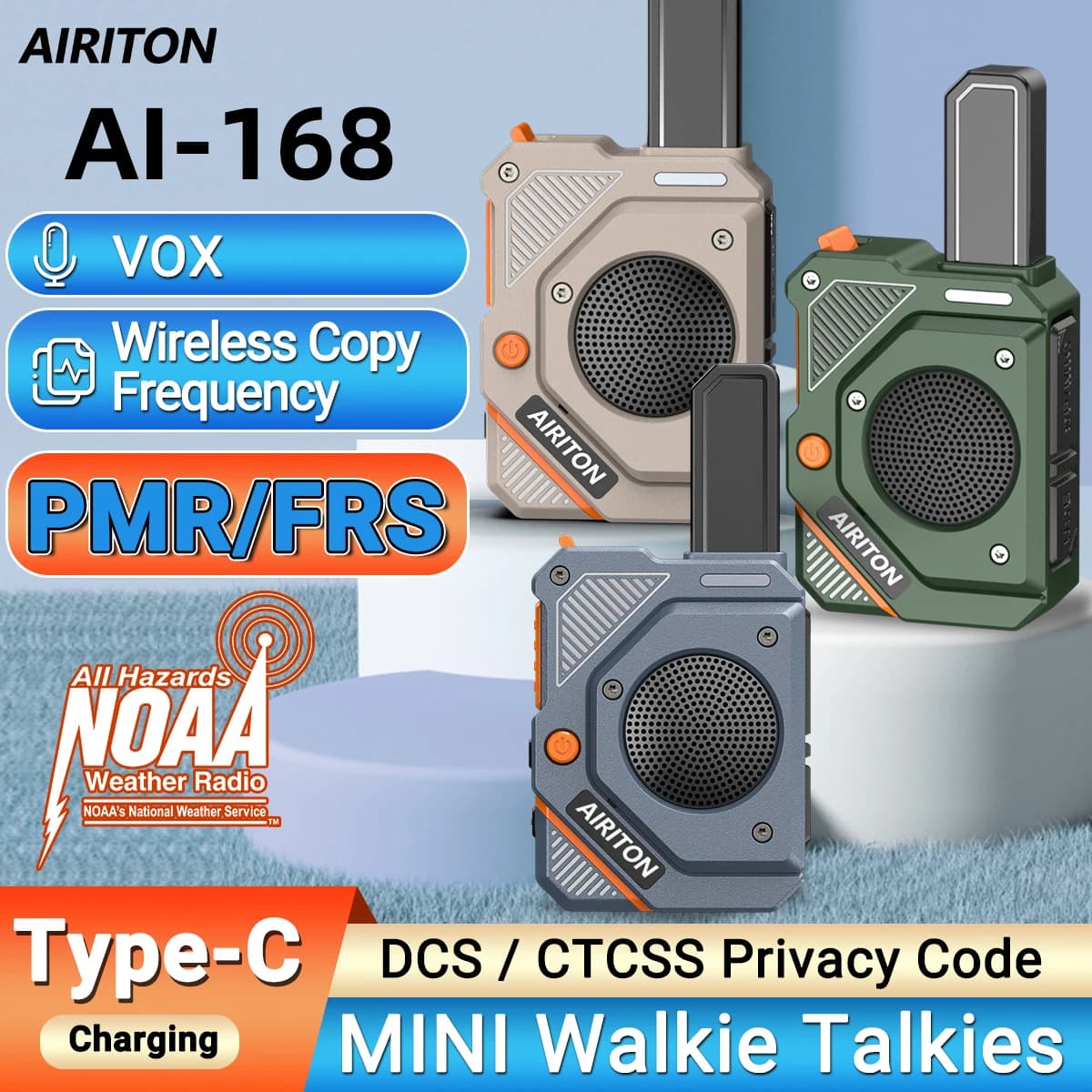 AIRITON AI-168 Mini Walkie Talkie PMR/FRS Frequenza di copia wireless VOX Suono chiaro NOAA Tipo-C Carica Radioamatori portatile da esterno