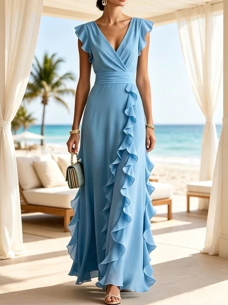 Light Blue Women’s Formal Maxi Dress Ruffled V Neck Sleeveless Flowy Chiffon Long Dresses Prom Cocktail Party Banquet Outfit