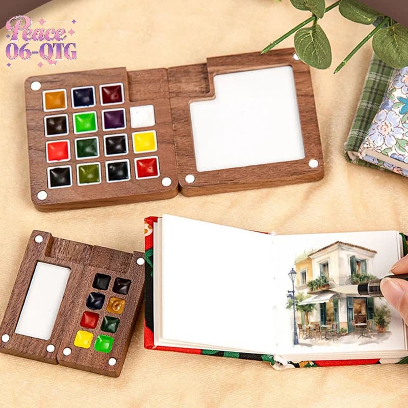 Hot Mini Walnut Wood Watercolor Palette Portable Paint Box With Clip Travel Painting Paint Tray Art Supplies Sketchbook Palette