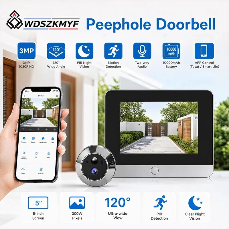 3MP WiFi Smart Peephole Camera 5" Screen Tuya APP Infrared Night Vision PIR Detection Battery Digital Door Viewer Cat Eye Camera