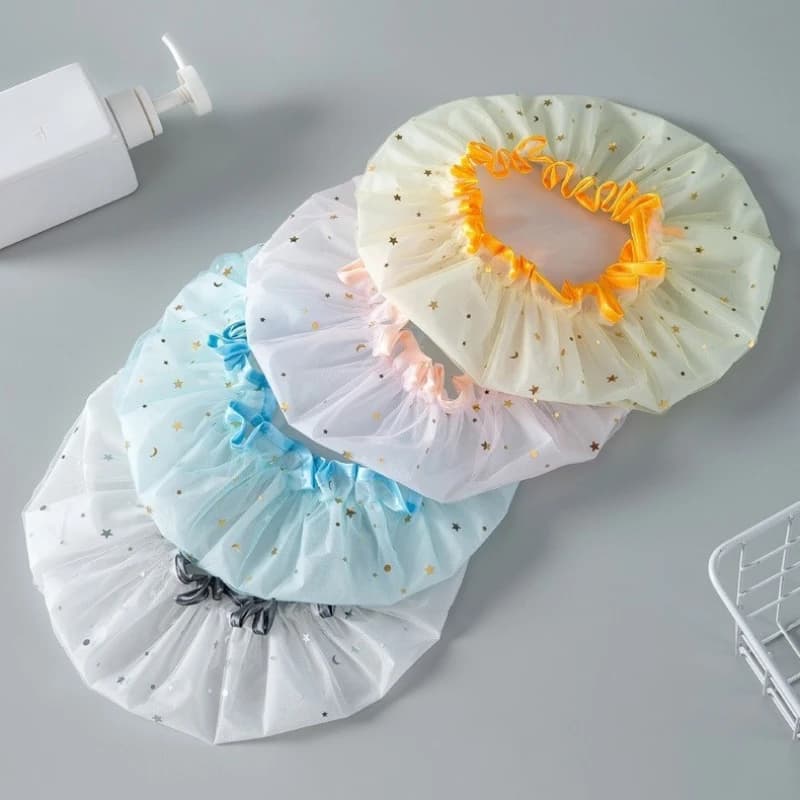 Cuffia da doccia impermeabile a doppio strato Mesh Stars Design Cappello da bagno riutilizzabile alla moda Cappello sanitario da cucina a prova di olio