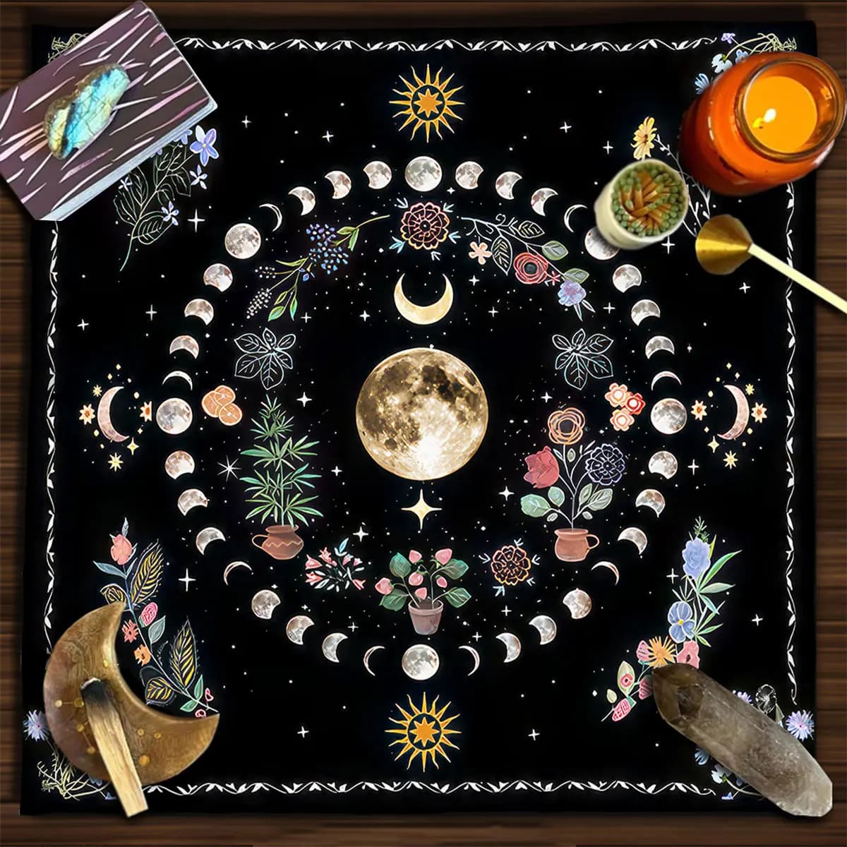Panno per altare botanico lunare Tappetino per tarocchi Tripla luna Fiore diffusione Tarocchi Panno per lettura Tappetino per carte oracolo spirituale Strumenti per divinazione