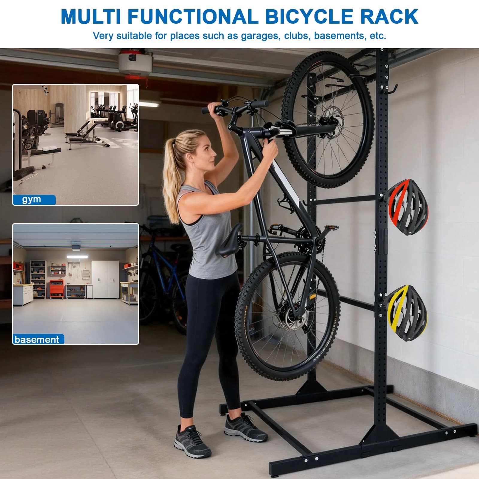 Supporto per biciclette autoportante con ganci regolabili, organizer verticale per biciclette, contiene fino a 6 biciclette e 6 caschi, per biciclette da strada e MTB