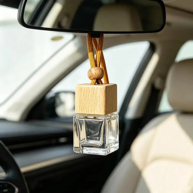 【Y】Hanging Empty Car Diffuser Bottles With Natural Wooden Lids Clear Glass For Car Interior Decor DIY Aromatherapy Use