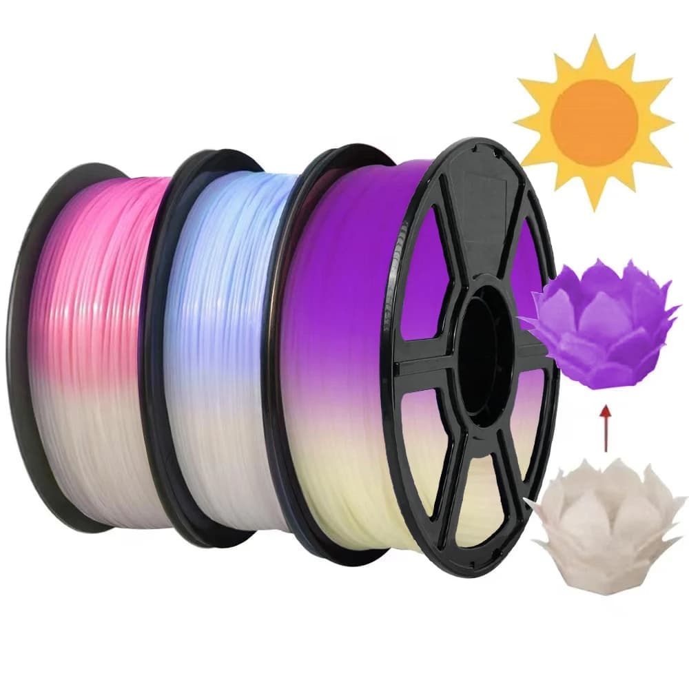 Filamento cambia colore luce solare PLA 1,75 mm 1 kg 500 g 250 g Reazione UV Filamento PLA Materiale stampante 3D Bianco a Rosa Viola Blu