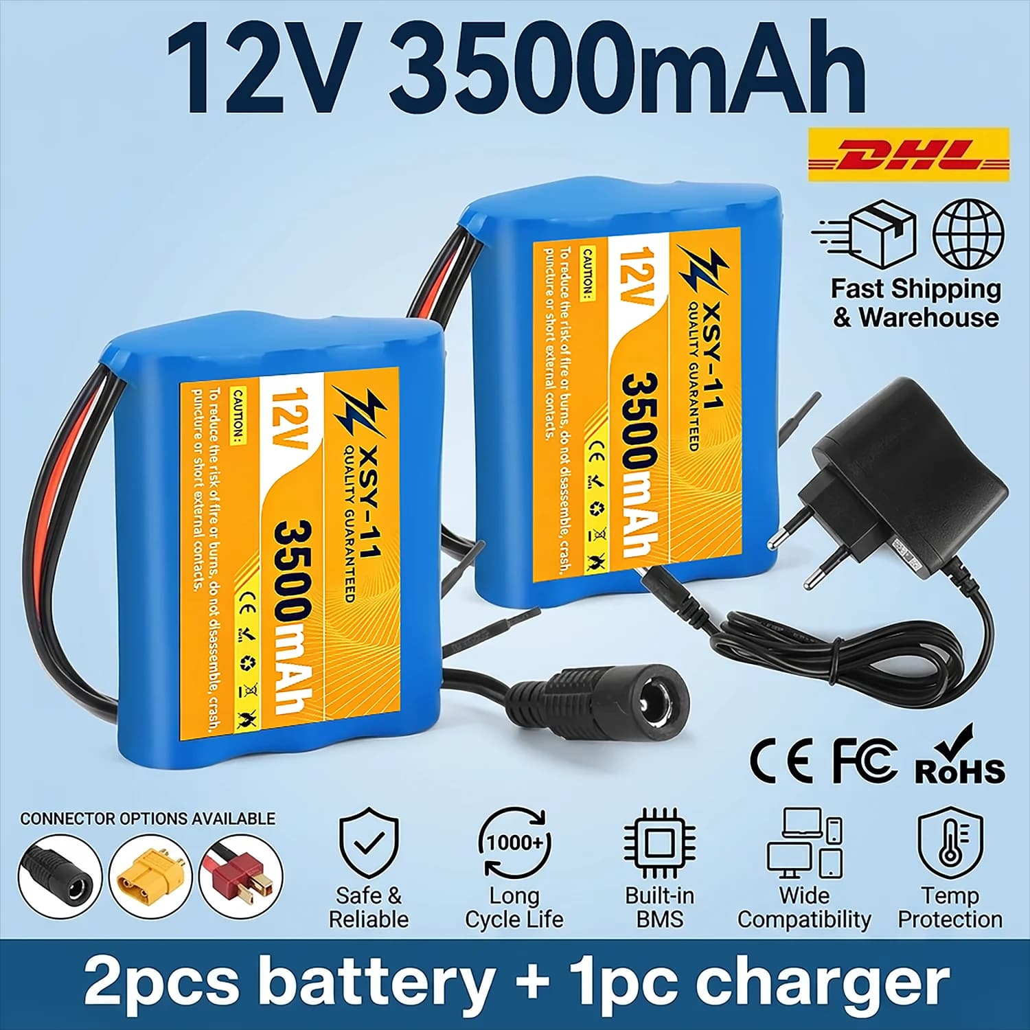 Batteria 12V 3500mAh 100% Nuova con Protezione 3S1P, Pacco Batteria 12V 3.5Ah agli Ioni di Litio 18650, Caricabatterie DC 12.6V Super Ricaricabile