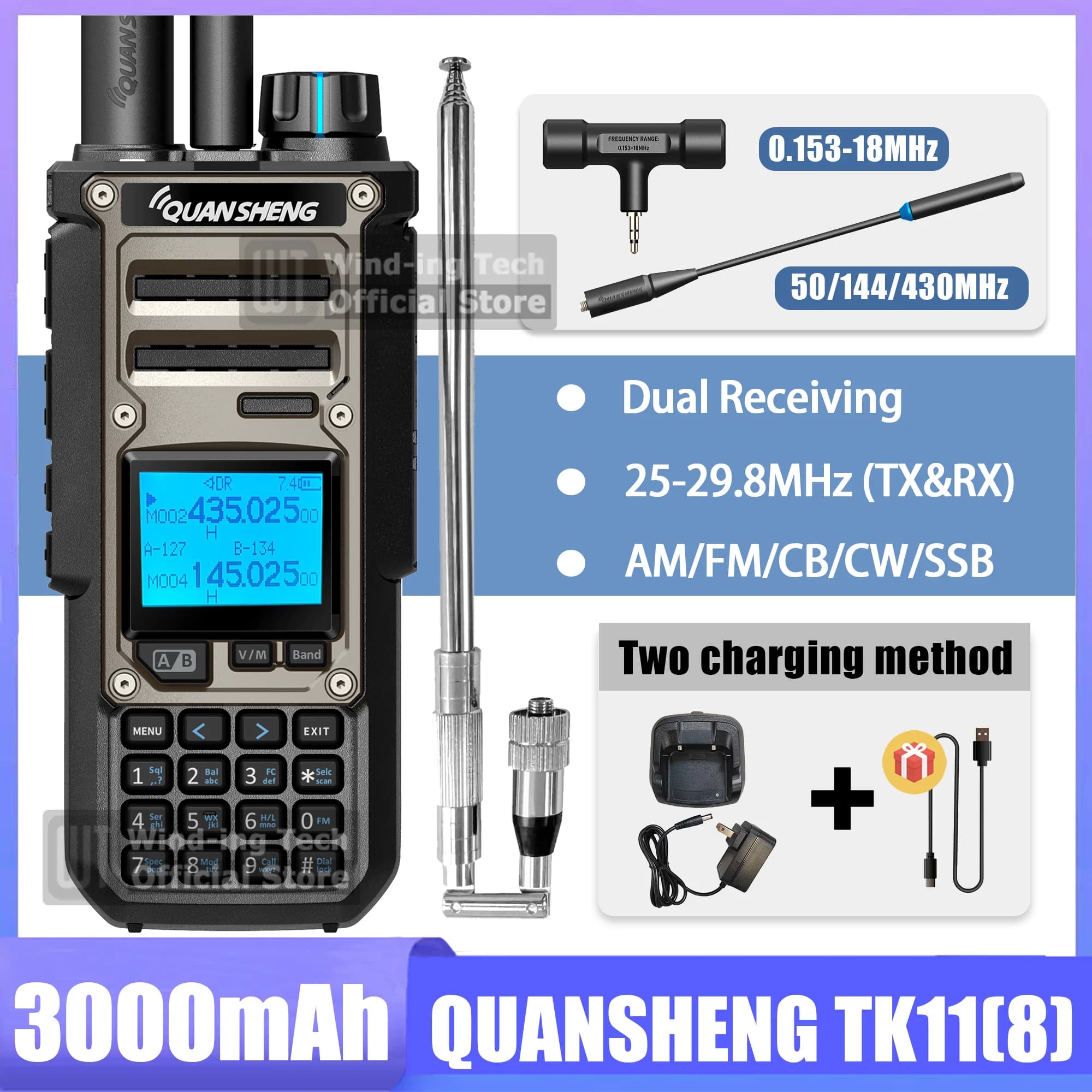 Quansheng TK11(8) 10W Walkie Talkie AM FM SSB Doppio ricevitore 3000mAh Analizzatore di spettro vocale magico Misuratore di frequenza SAME Ham Radio