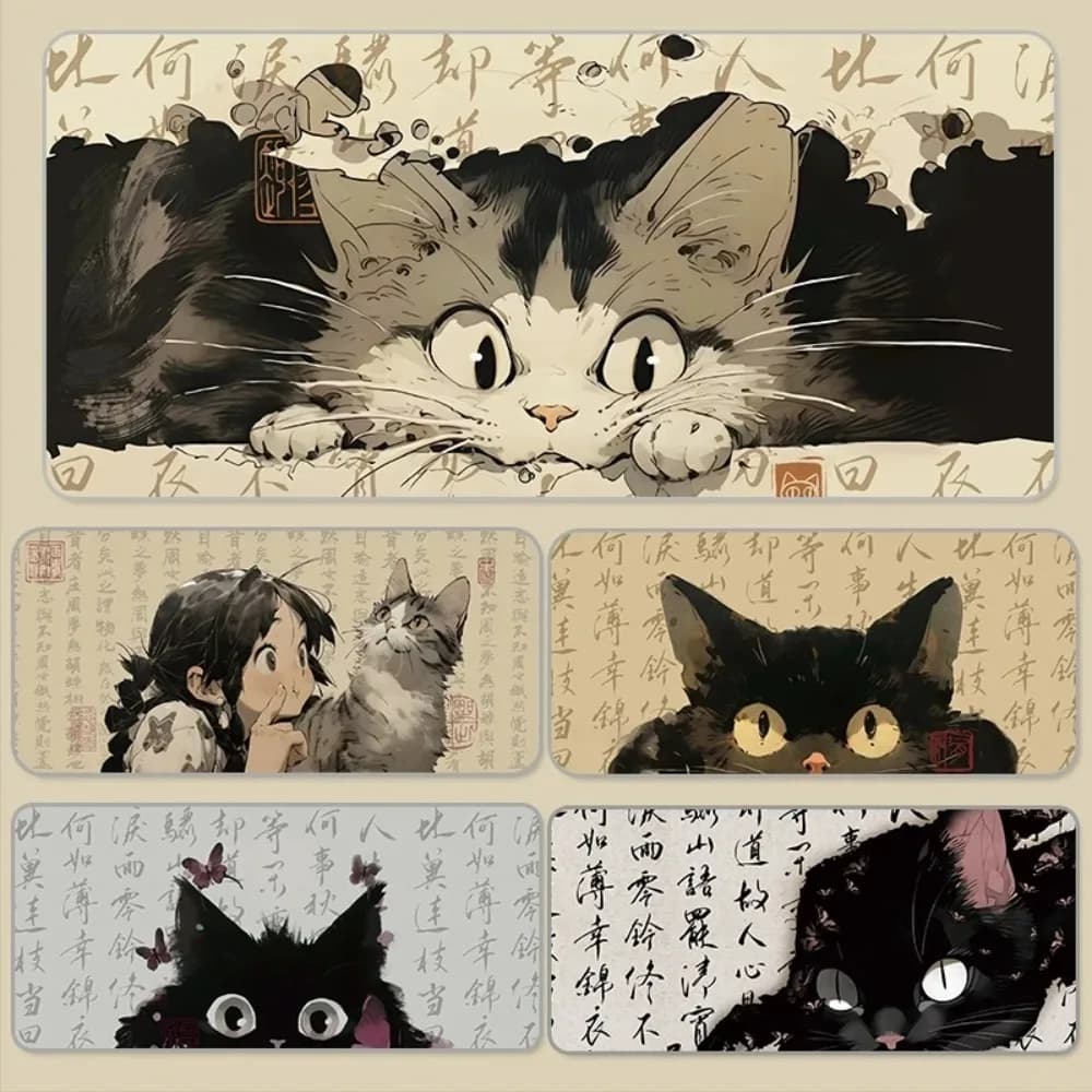 Tappetino per mouse da gioco in gomma grande con calligrafia in stile cinese e simpatico gatto, per PC, ufficio, tastiera, tappetino da scrivania per gamer con cuciture