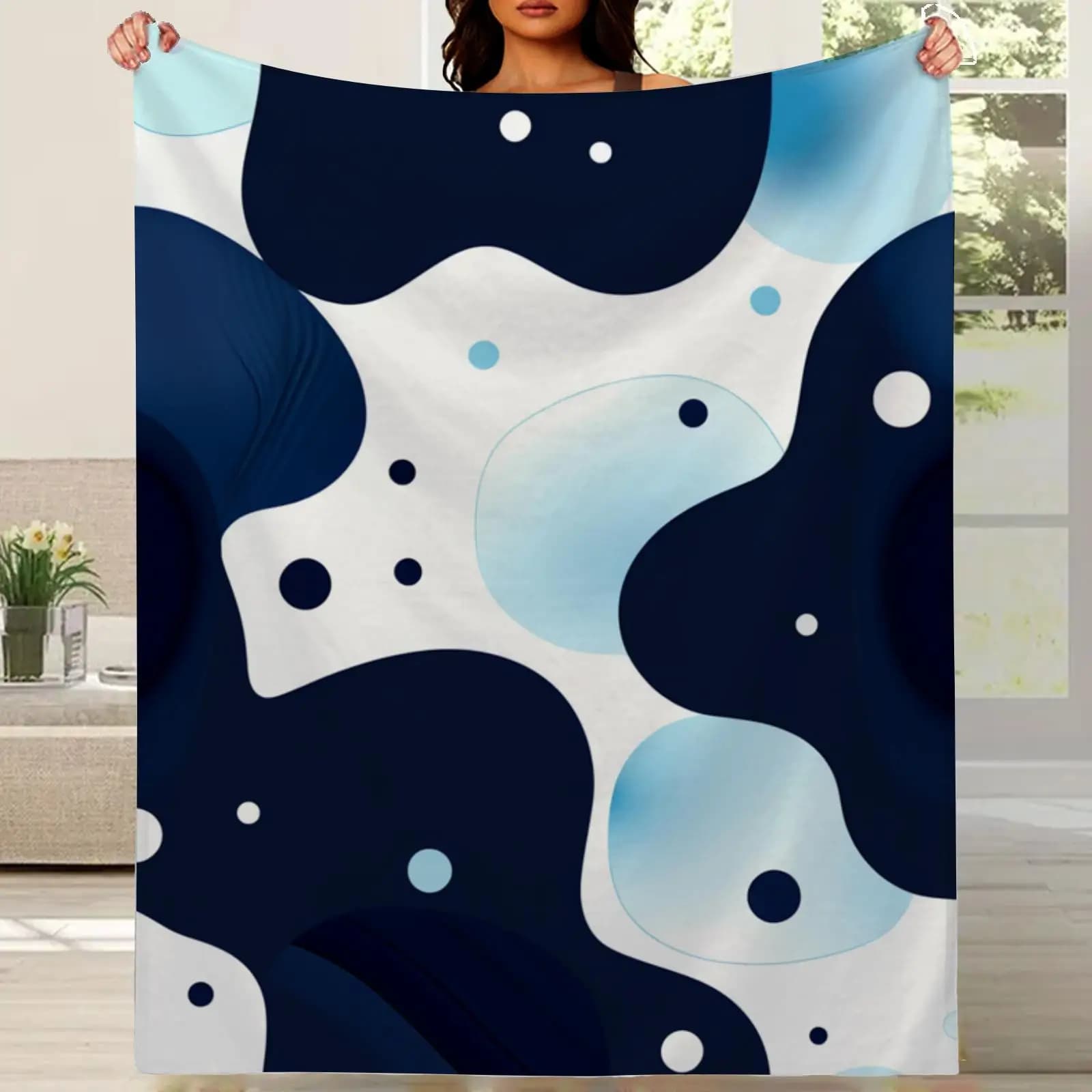 280GSM Flannel Blanket - Navy & Modern Abstract Print, All-Season Lightweight Bedspread for Cool Nights, Soft Breathable Bedding