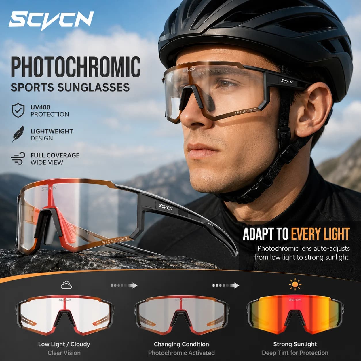 SCVCN New Photochromic Cycling Sunglasses Men Women Glasses Bicycle Sports Running Glasses MTB UV400 Road Running Hiking Goggles