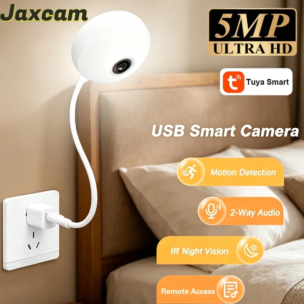 Telecamera WiFi USB da Interno Tuya con Lampadina, Videocamera di Sicurezza IP Mini 2K 5MP, Visione Notturna a Colori IR, Monitor per Bambini Smart Life