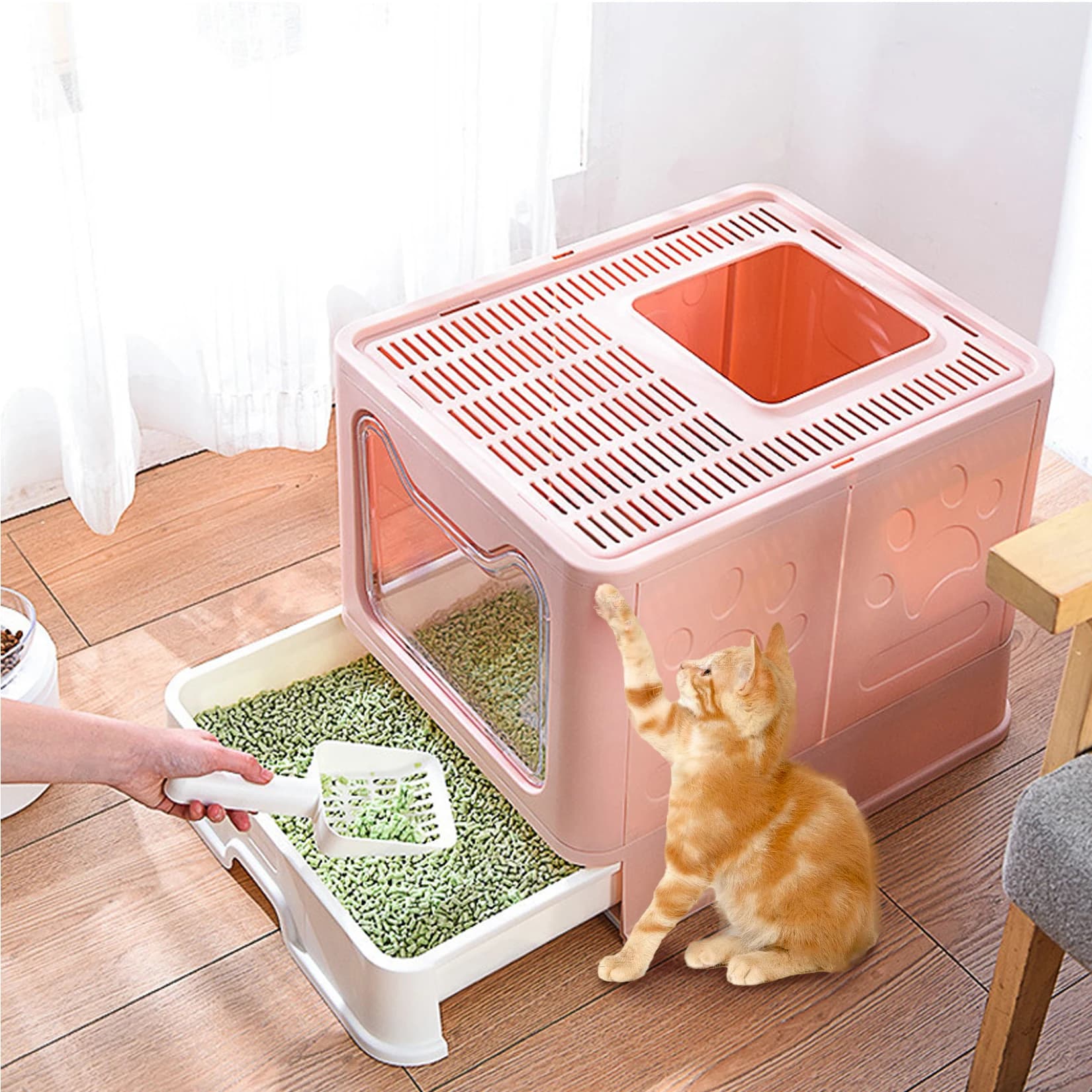 Lettiera per gatti grande e chiusa con cassetto per la pulizia, toilette per gatti e gattini portatile e pieghevole da interno