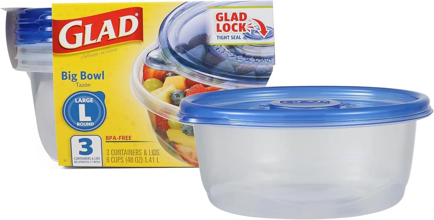 Contenitori per Alimenti Glad Big Bowl con Coperchi, 48 Oz Rotondi in Plastica per Zuppe, Insalate, Preparazione Pasti, Adatti a Microonde e Lavastoviglie, Set da 3
