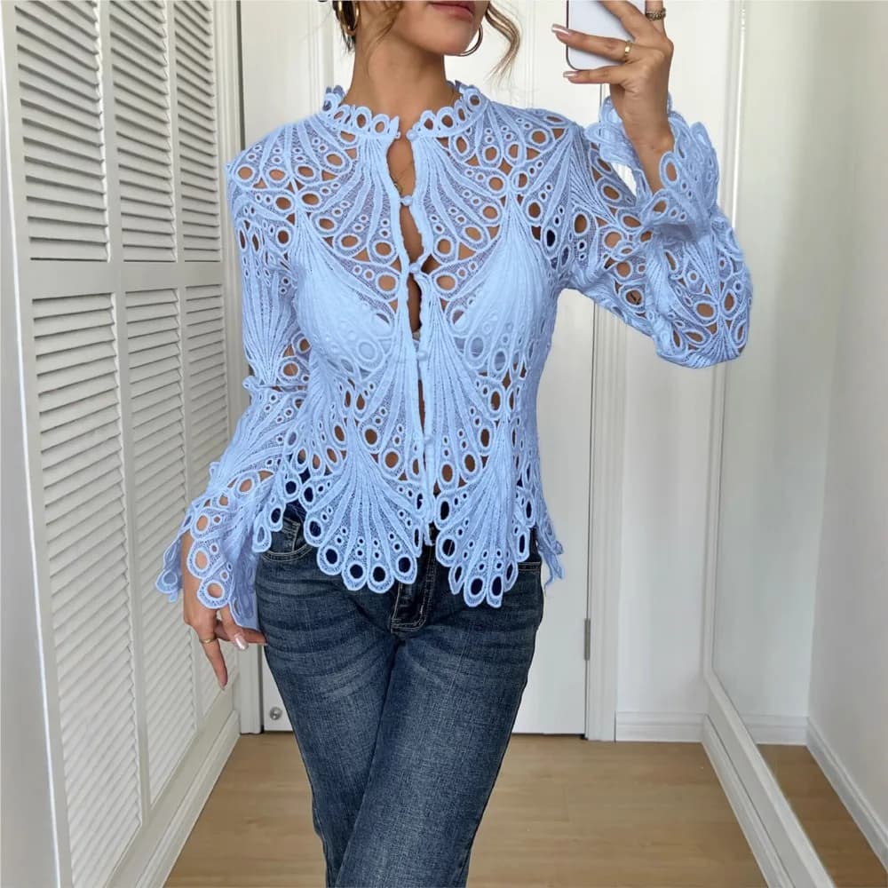 Camicia da sera tinta unita cava in pizzo sexy da donna Primavera Estate Nuova moda elegante donna casual versatile top a maniche lunghe