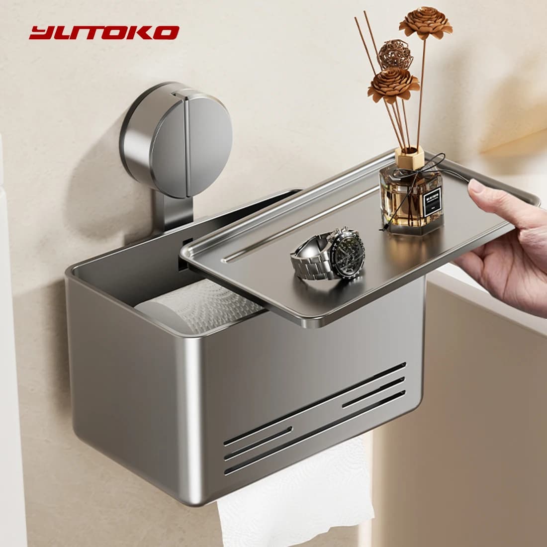 YUTOKO Porta carta igienica a ventosa con cassetto, scatola porta fazzoletti e asciugamani montata a parete per bagno soggiorno