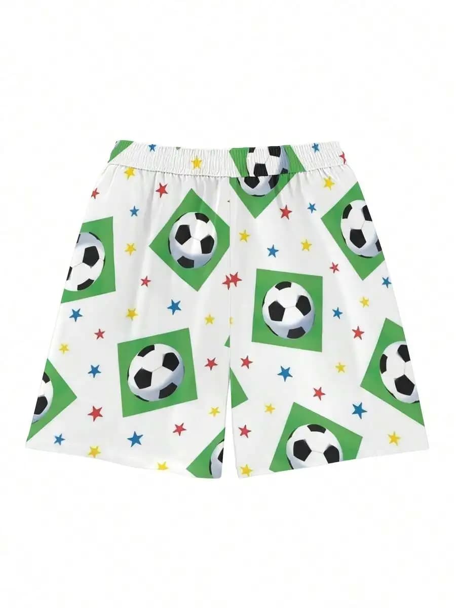Mens Breathable Quick-Dry Beach Shorts Featuring Soccer Balls In Green Squares And Colorful Stars, Elastic Waist With Drawstring