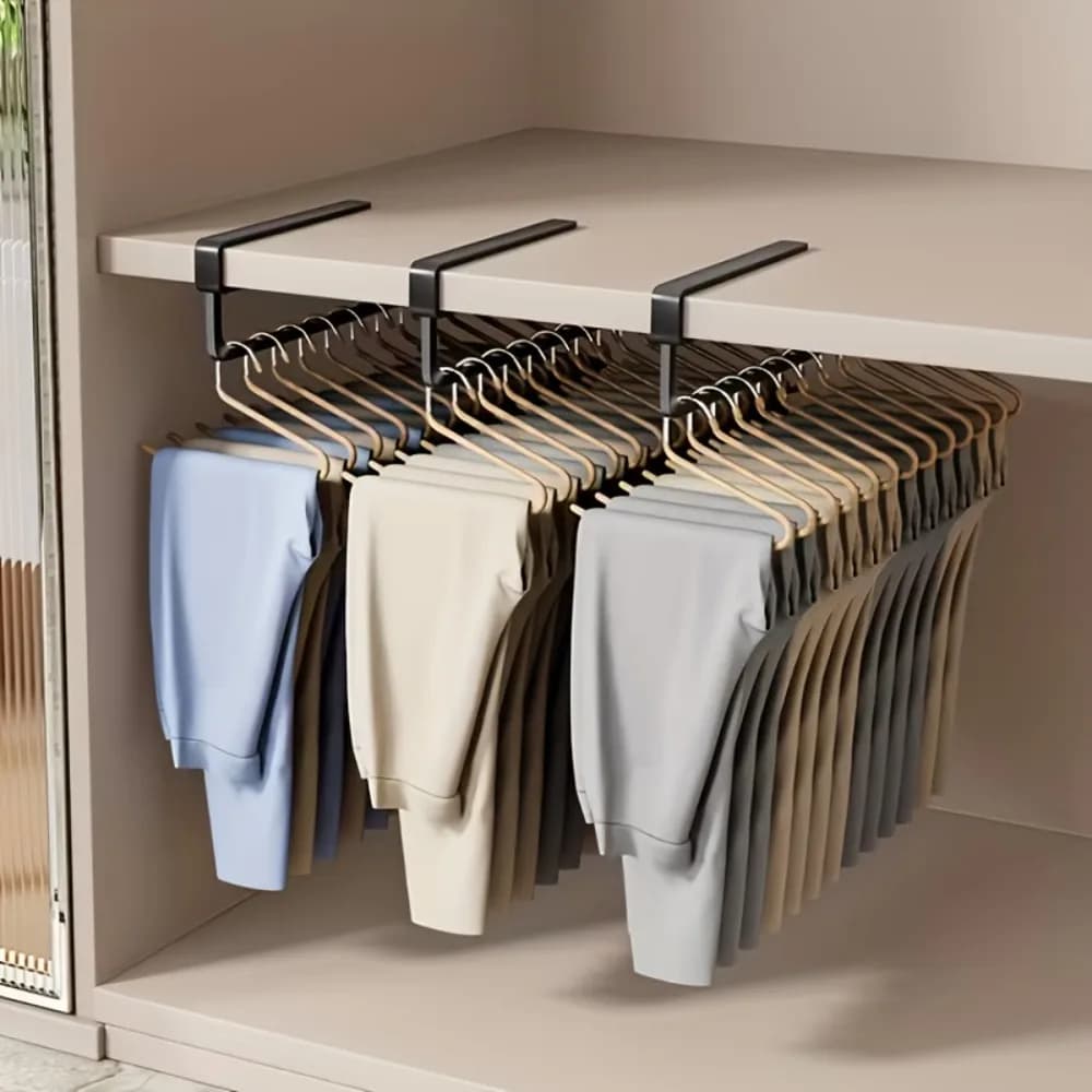 3-Pack Under Shelf Hanging Rods, No-Drill Metal Closet Organizer for Pants and Clothes, Space-Saving Wardrobe Storage Hooks