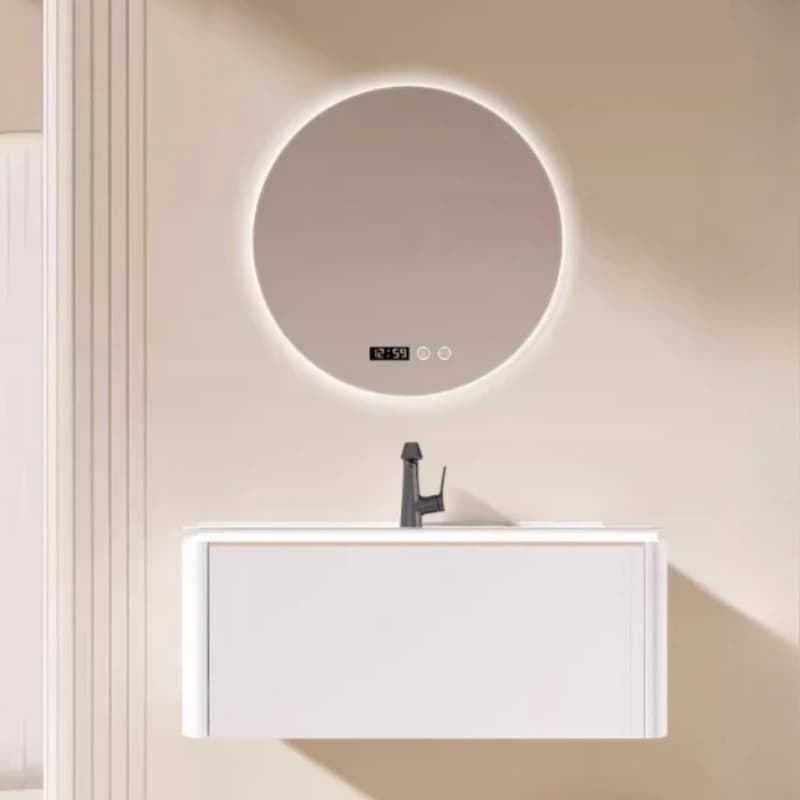 Mobile bagno con lavabo integrato in ceramica color crema, mobiletto lavabo, organizer illuminato, mobili da bagno