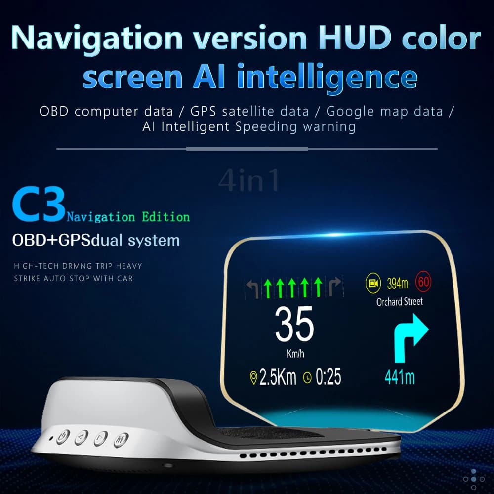HUD Car C3 OBD GPS Heap up Display Proiettore di navigazione intelligente HD per parabrezza Contagiri Obd2 Allarme di sicurezza del computer di bordo