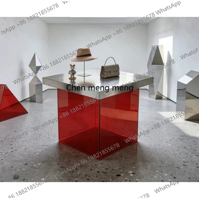 Tavolo espositivo in acciaio inossidabile e acrilico, borsa per scarpe, espositore per bottiglie d'acqua al centro, stand semplice