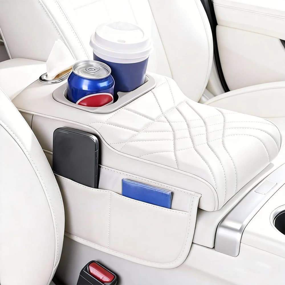 Cuscino per Bracciolo Centrale in Pelle PU con Portabicchieri e Portafazzoletti, Organizer Multifunzionale per Auto con Rialzo