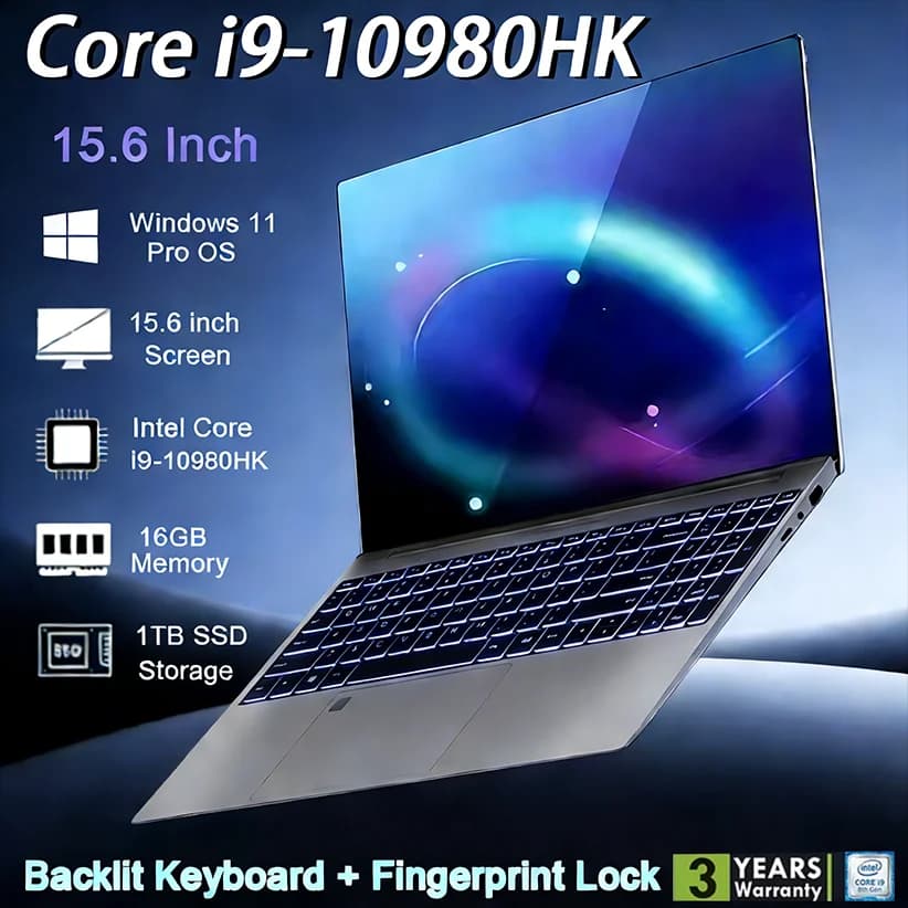 Laptop Windows 11 2026, 15.6 Pollici, Sblocco con Impronta Digitale, Intel Core i9-10980HK, 16GB RAM, 1TB/2TB SSD, Notebook da Gaming con Retroilluminazione