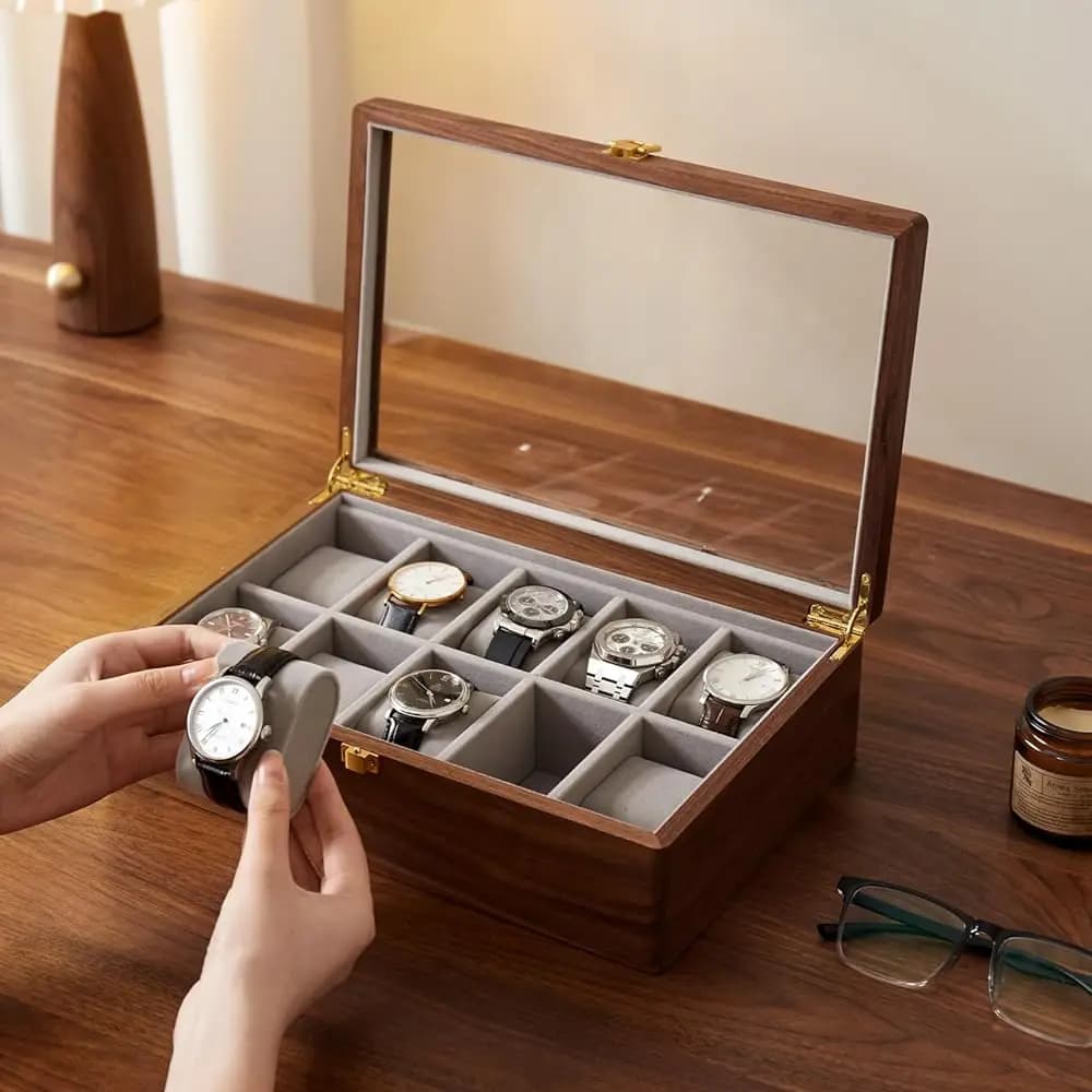 Scatola Porta Orologi di Lusso per Uomo e Donna in Noce Nero Massiccio con Vetro Temperato, Fodera in Velluto e Cerniera in Ottone