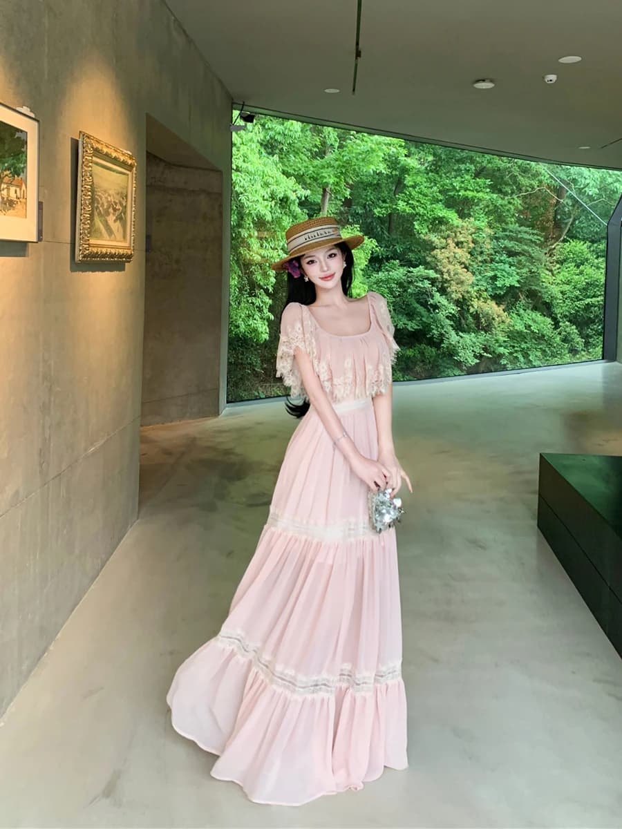Pink Lace Splice Square Collar Short Sleeve Women's Dress Summer High Waist Flared Skirt Long Dress Korean Style Commute