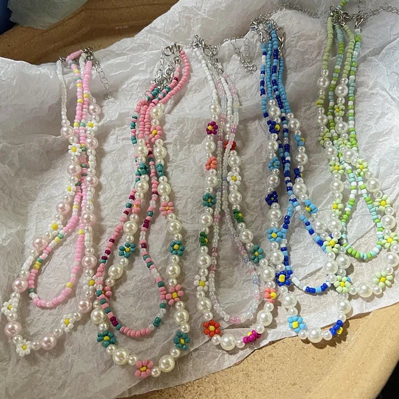 Bohemian Handmade Colorful Beads Necklace Simple Round Neck Set Fashion Women Pearl Flower Necklaces Sweet Jewelry Gifts