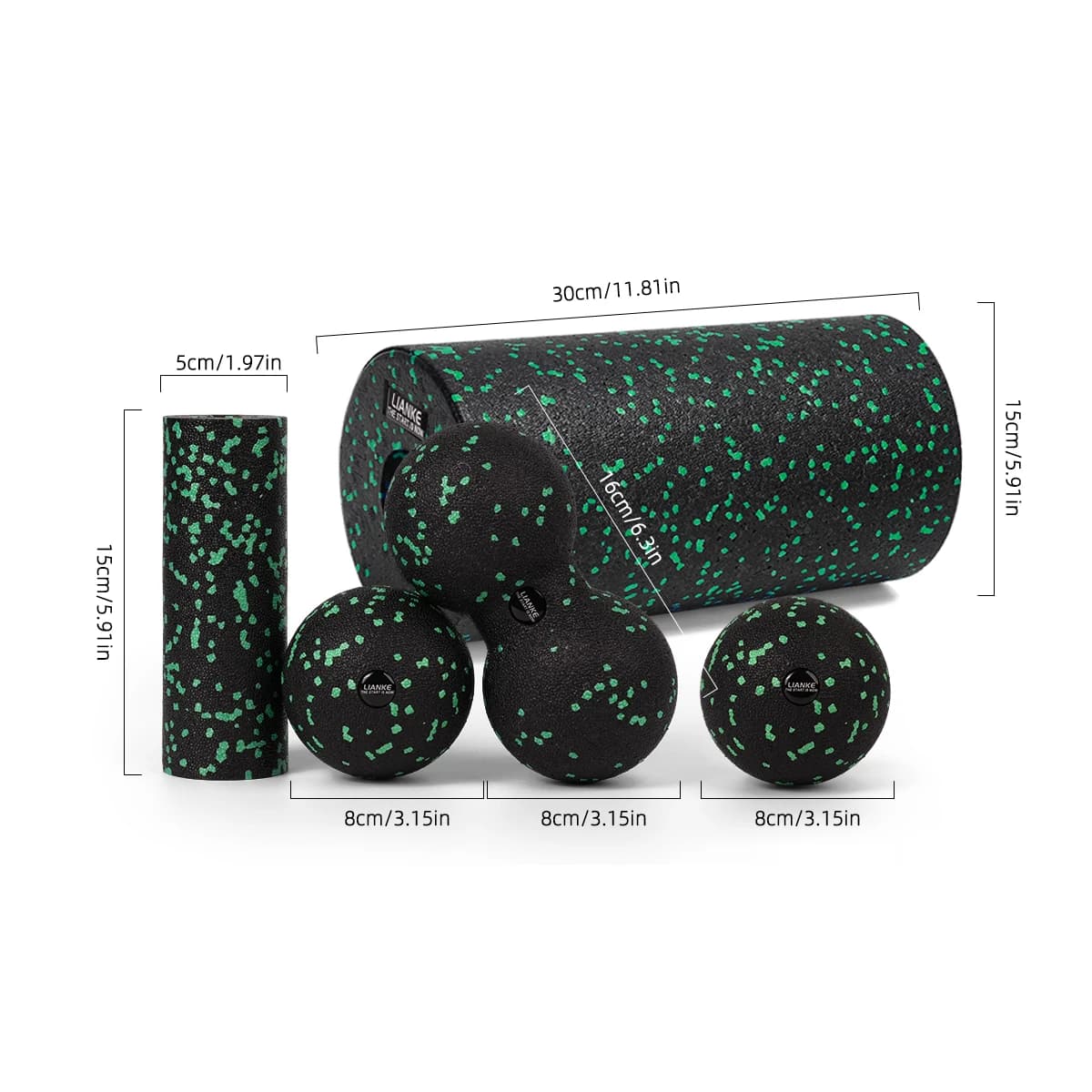 Black and Green Foam Roller and Myofascial Ball Set—for fitness training and relieving muscle soreness throughout the body.