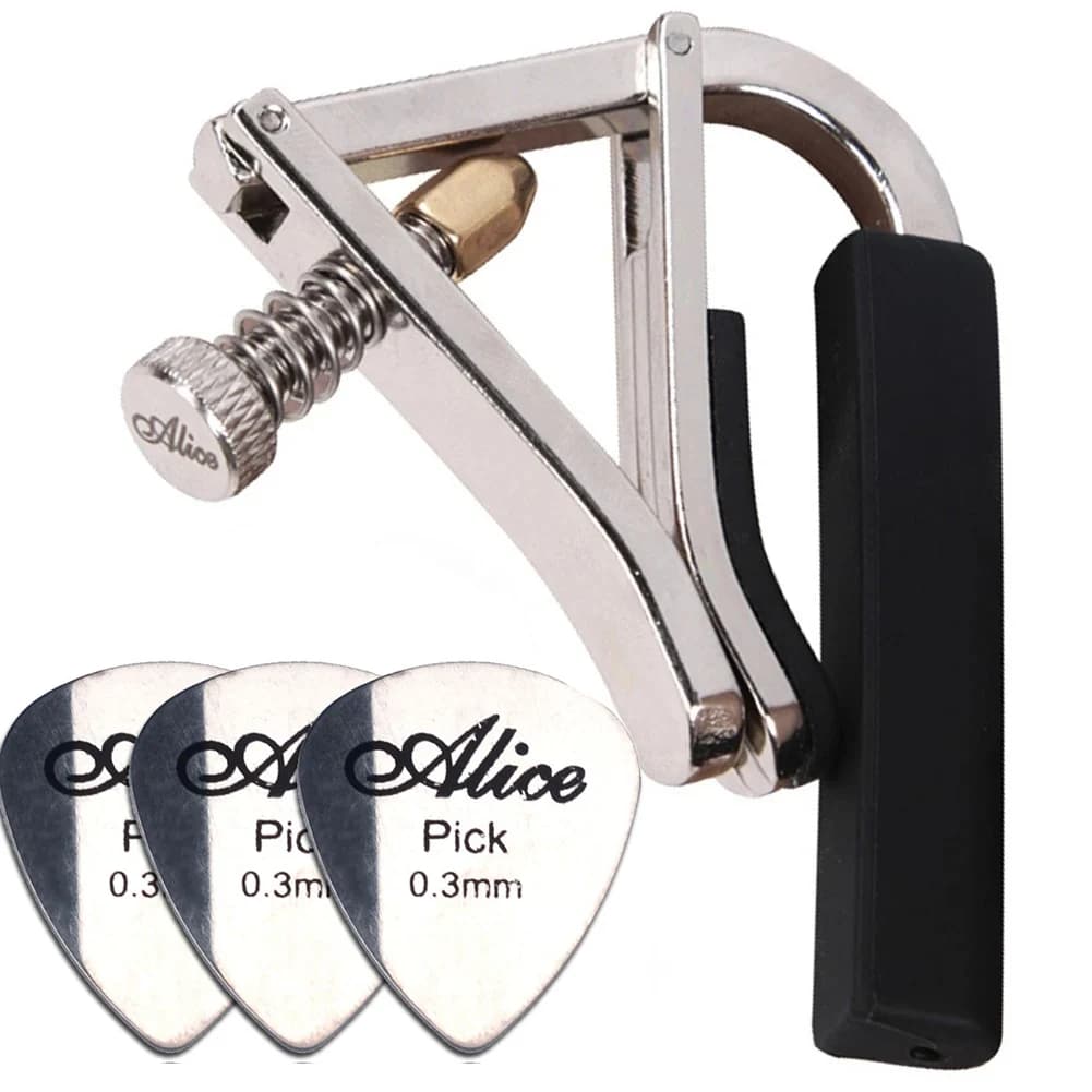 Capotasto per Chitarra in Lega di Zinco con Plettri in Metallo per Chitarra Acustica, Elettrica, Classica e Folk - Morsetto per Accordatura e Modifica del Tono