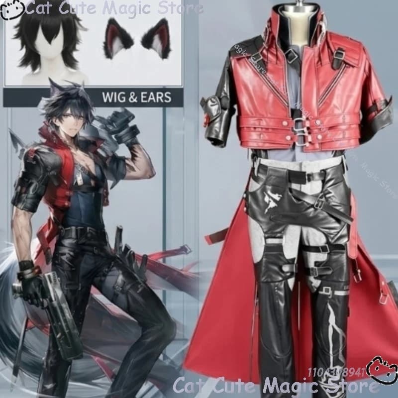 Wulfgard handsome red pu Trench coat fashion punk pants belt jirai kei wig Halloween Cosplay Arknights:Endfield Navidad Carnaval