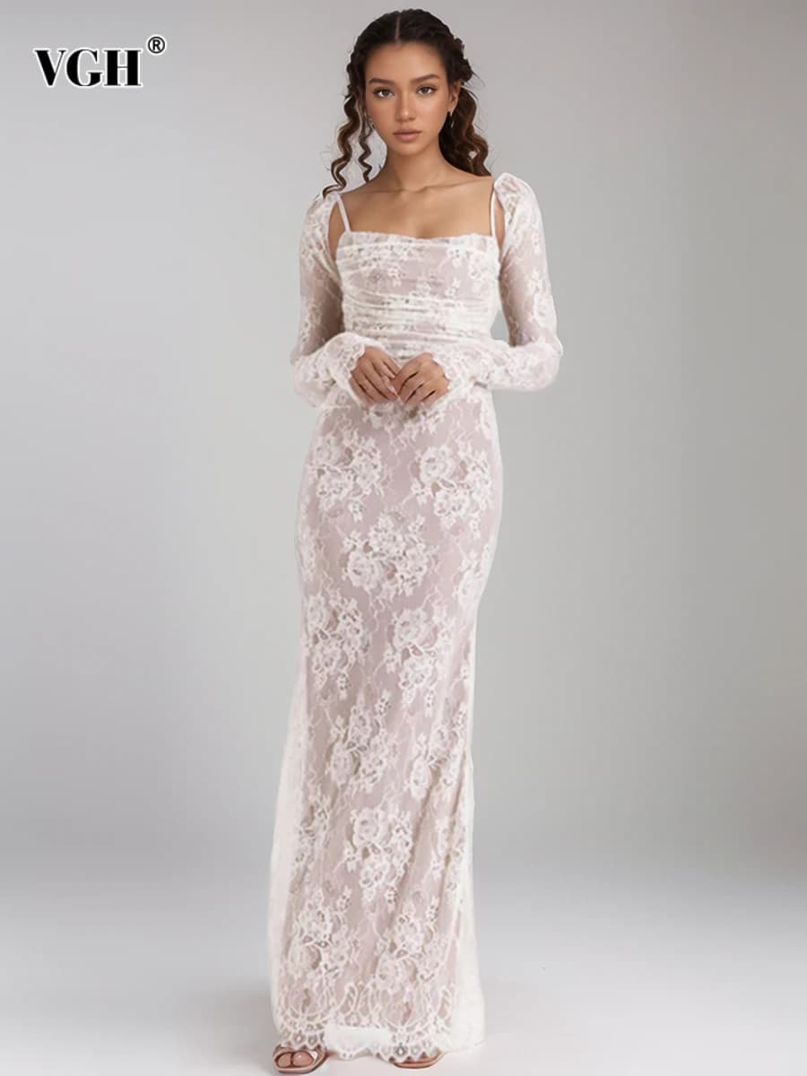 VGH Abito in pizzo floreale Abiti da donna Manica lunga Top corto Senza spalline Abiti aderenti senza maniche Set slim sexy Moda femminile