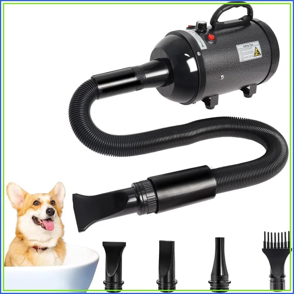5.2HP 3800W Dog Dryer for Large Dogs, High Velocity Pet Hair Dryer with Heater, Adjustable Temperature, 4 Nozzles (Black)