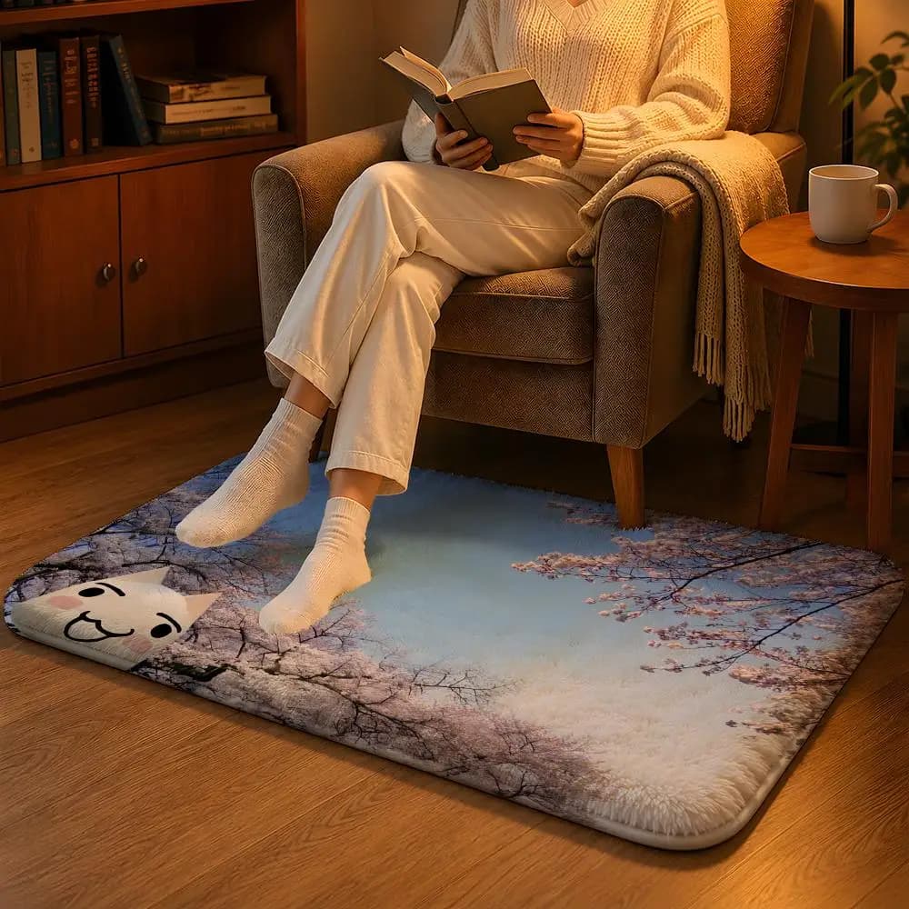 Inoue Toro Cute Cat Floor Mat Soft Flannel Non-Slip Rug Washable Floor Mat for Living Room Bedroom Home Decor