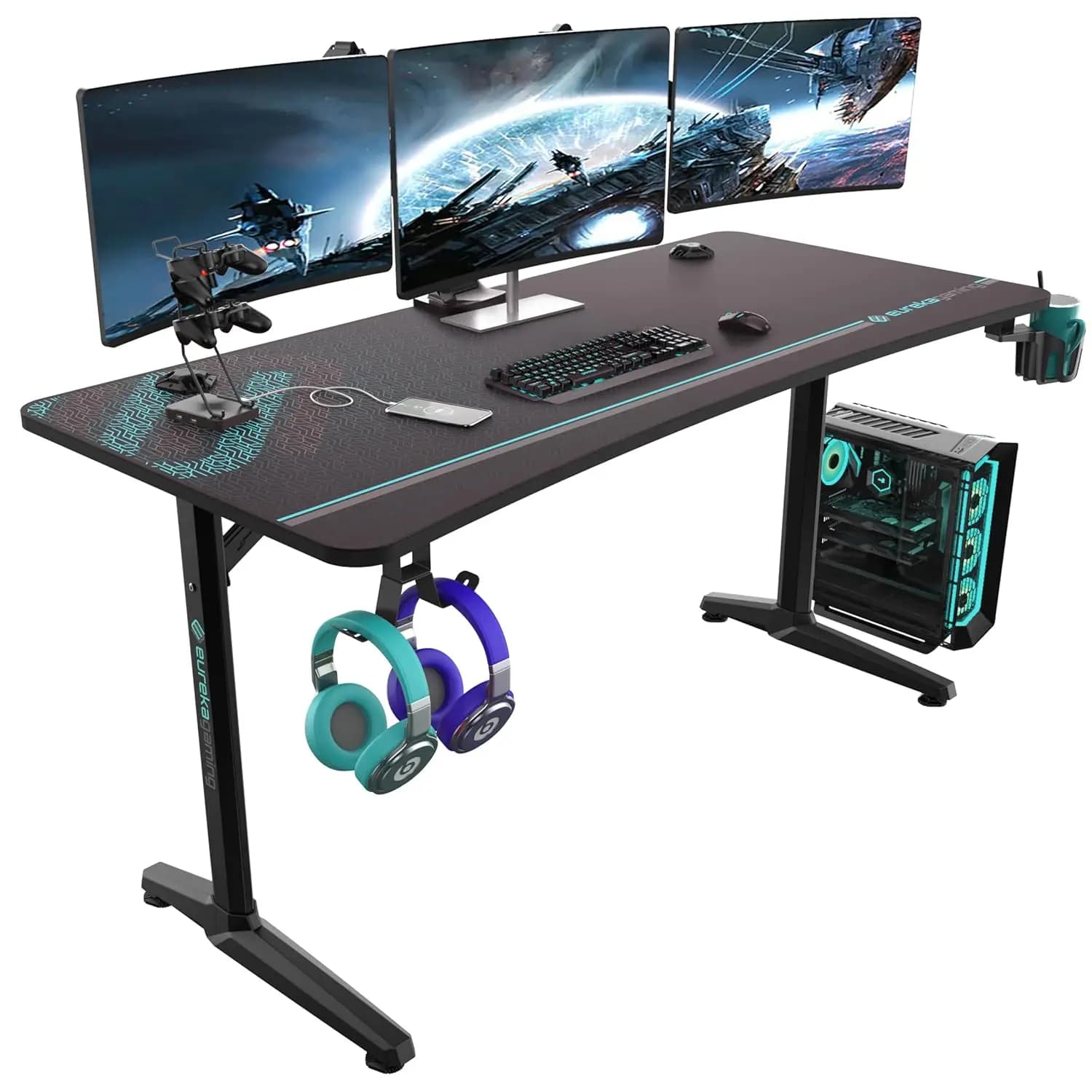 Scrivania da Gaming 60 Pollici per Casa e Ufficio, Gambe Poligonali Nere, Personalizzabile
