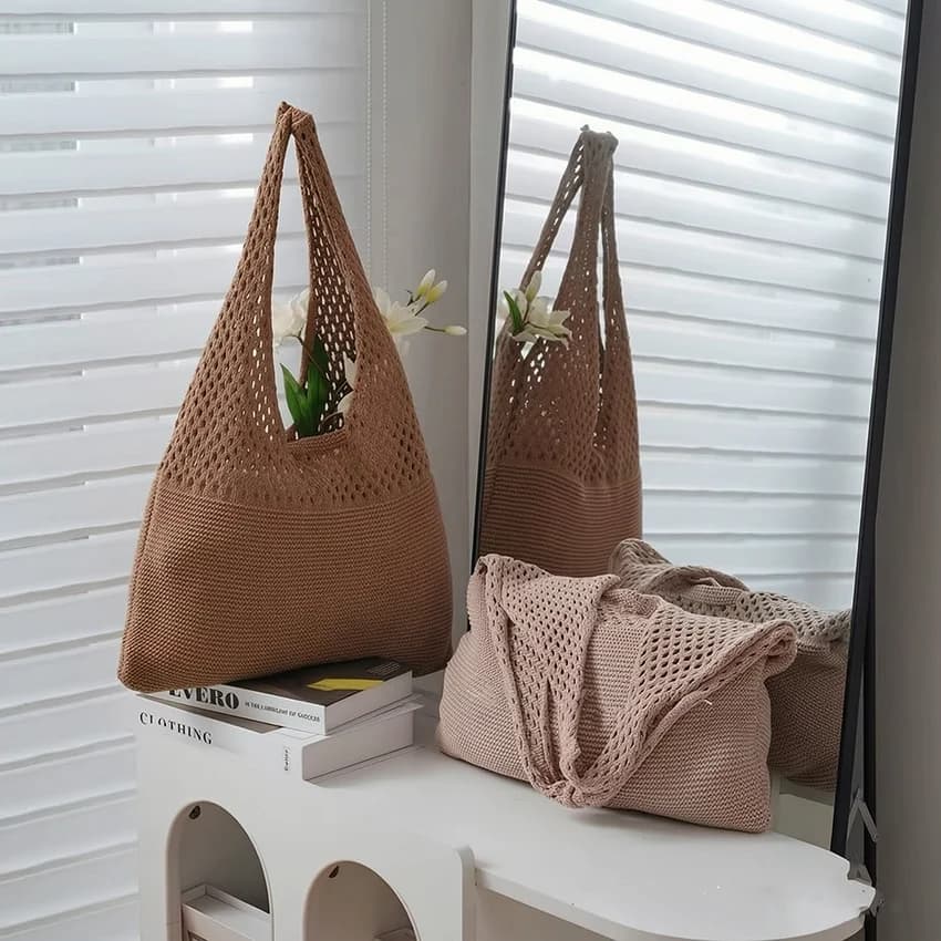 Women's Large Capacity Knitted Tote Bag Reusable Summer Beach Shoulder Mesh Bag for Shopping Bridesmaid